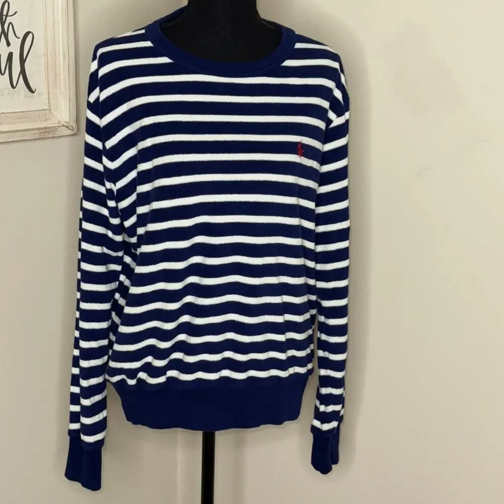Polo Ralph Lauren Men’s Crew Neck Terry Cloth Striped Sweater Blue White Size M